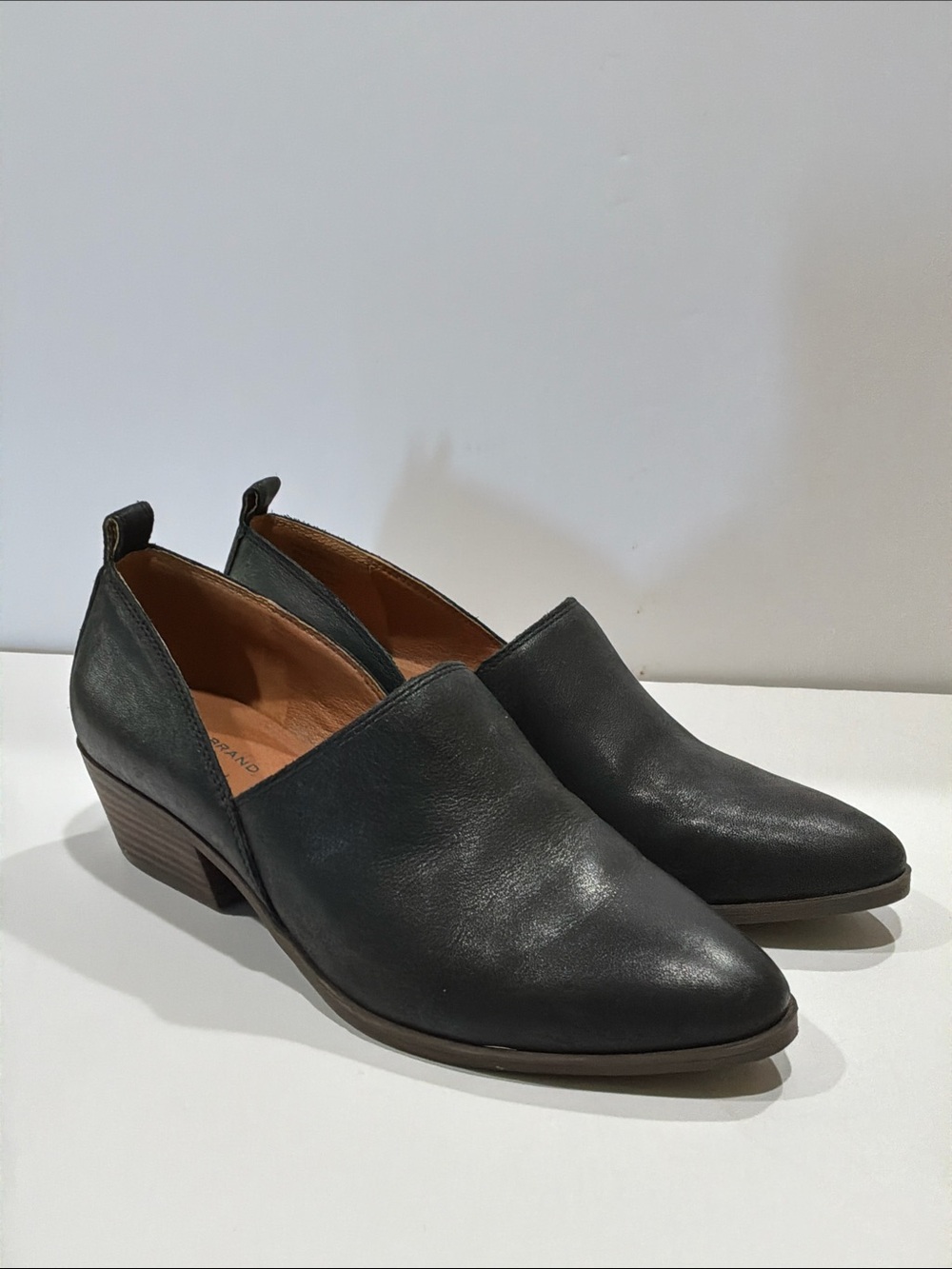 Lucky Brand Morriah Loafer Bootie Size 8M Black Leather Slip on Stacked Heel